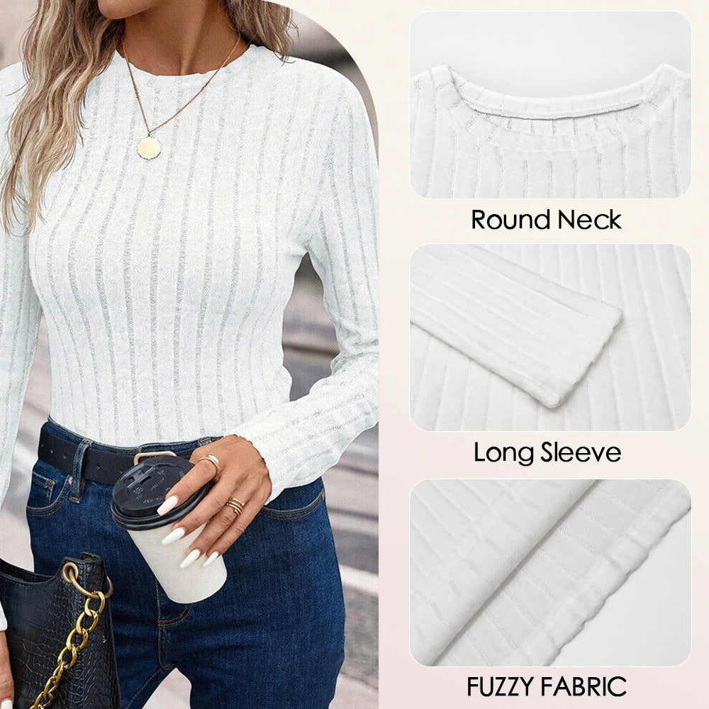 Strick-Langarmshirt für Damen – Einfarbiges Casual Top mit Rundhalsausschnitt
